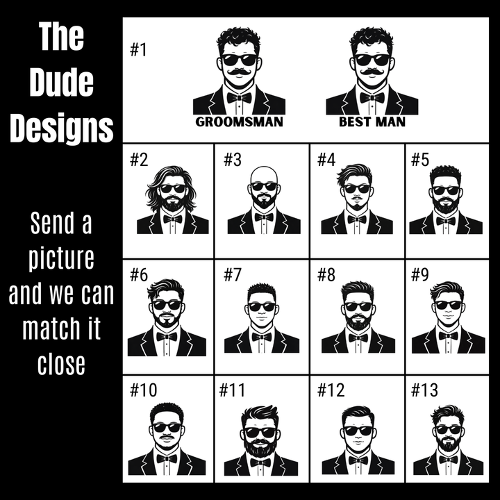 Custom groomsmen dude design options chart for personalized Polar Camel tumblers including groom best man and groomsman styles