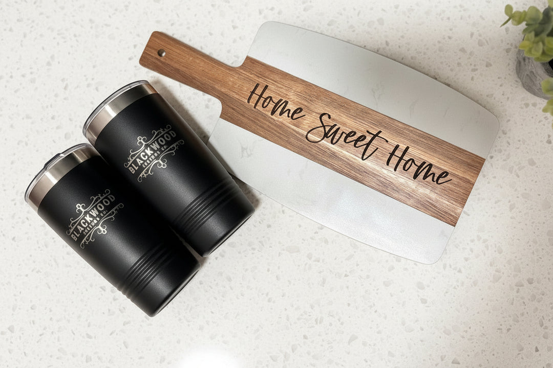 Personalized Home Sweet Home cutting board and tumbler gift set for realtor closing gifts, client appreciation, and new homeowner housewarming gifts.