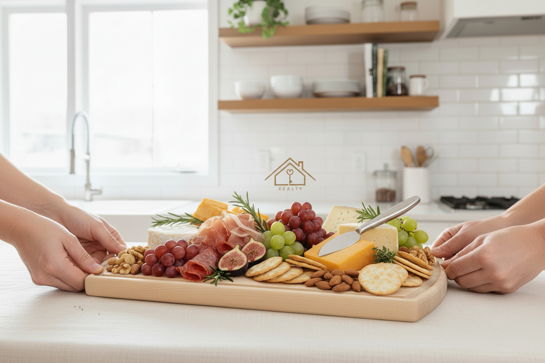 Large arched maple cutting board with custom engraved logo, used as a charcuterie and serving board for realtor closing gifts, housewarming gifts, and personalized kitchen decor.
