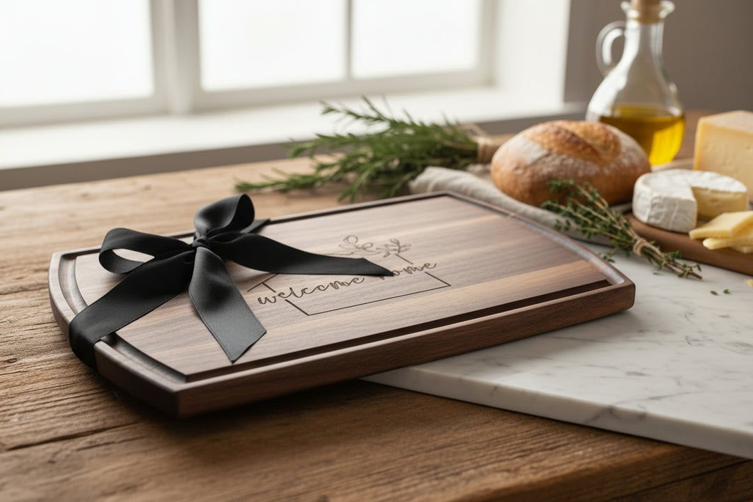 Side view of large arched walnut cutting board showing thickness and custom engraved logo