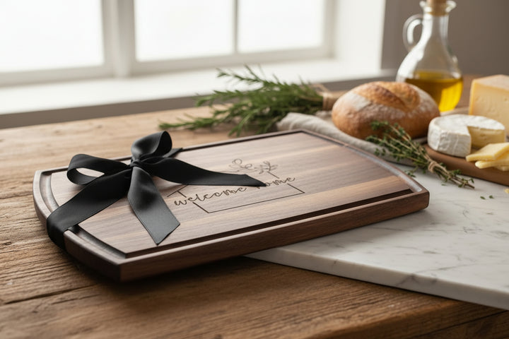 Side view of large arched walnut cutting board showing thickness and custom engraved logo