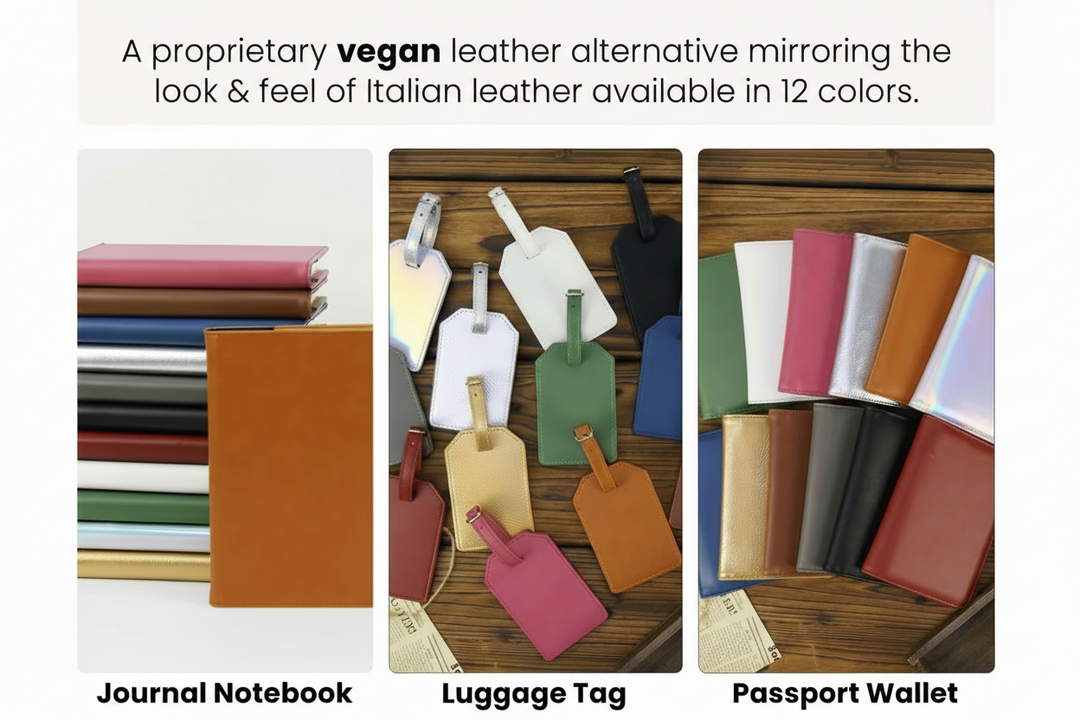 Leatherette journal color options with vegan leather notebook covers luggage tags and passport wallets available in multiple colors for personalized gifts