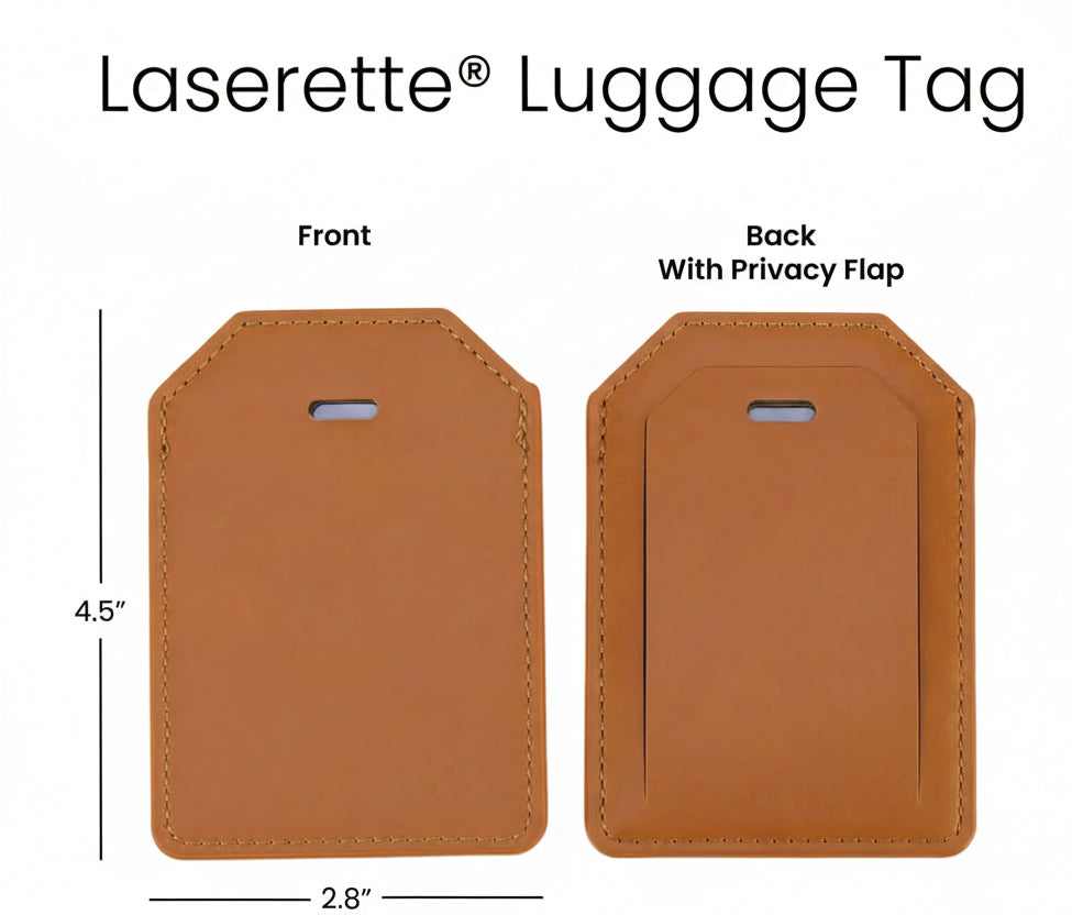 Leatherette luggage tag showing front and back with privacy flap and dimensions layout for personalized engraved travel accessories