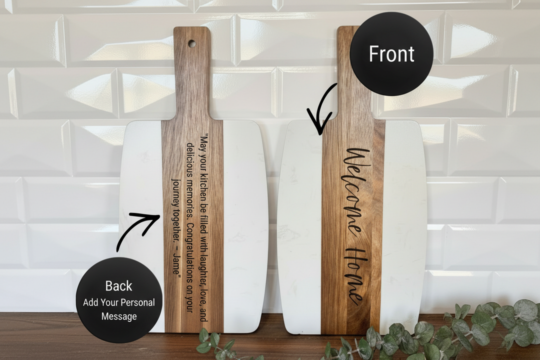 Marble and acacia wood cutting board with engraved personal message on the back, shown with front and back views on a neutral background