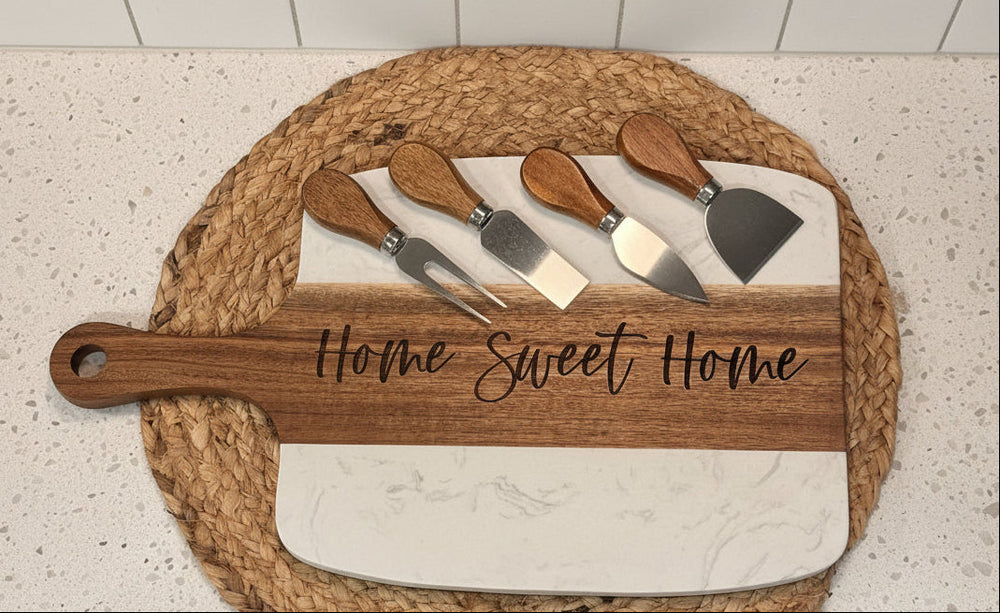 Personalized marble and acacia charcuterie board with engraved logo for realtor closing and wedding gifts