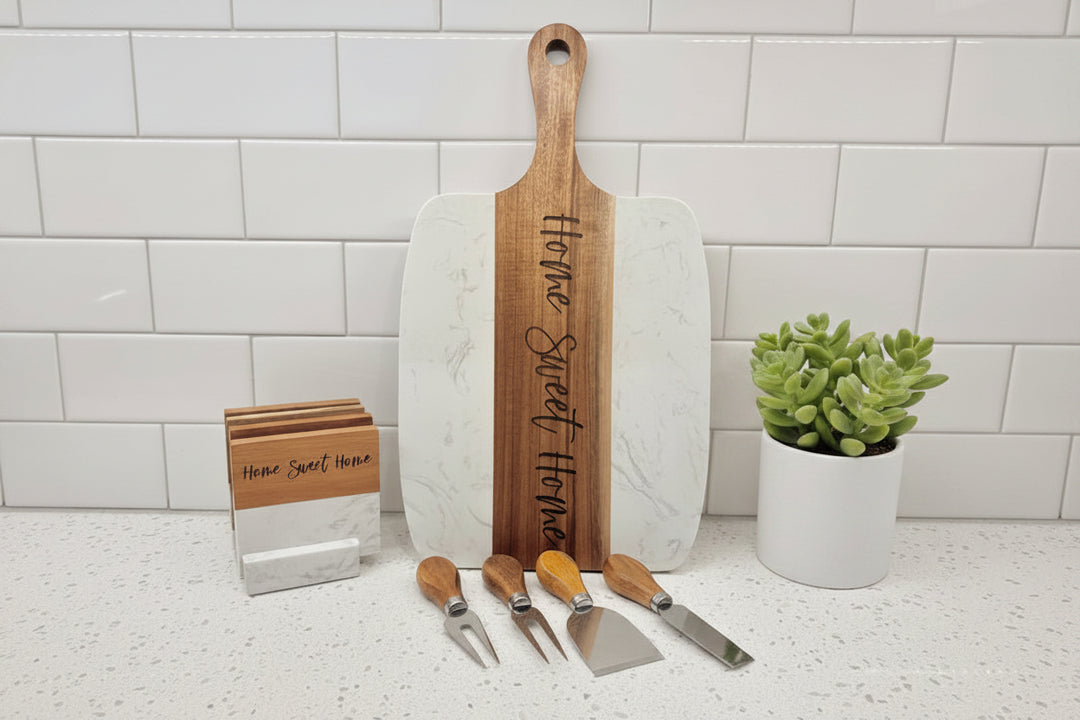 Luxury Homeowner Gift Basket Premium Closing Present Personalized Tumbler Set Marble Acacia Wood Accessories Elegant Kitchen Collection Black Wire Basket Design Custom Real Estate Gift Professional Client Appreciation Package House Warming
