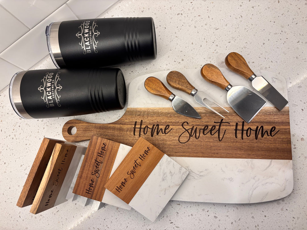 Premium Gift Collection Personalized Housewarming Basket Luxury New Home Present Custom Engraved Set Marble Cheese Board Kitchen Bundle Insulated Tumblers Address Sign Coasters Set Complete Ready To Give Package Beautiful Presentation