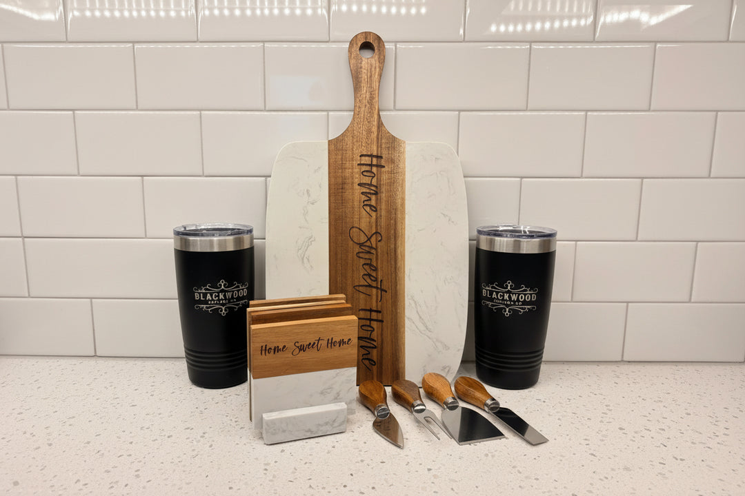 Kitchen Collection Gift Basket Personalized Homeowner Present Custom Tumbler Set Marble Coaster Collection Acacia Wood Accessories Black Wire Basket Design Real Estate Closing Gift House Warming Celebration Package Premium Quality Materials