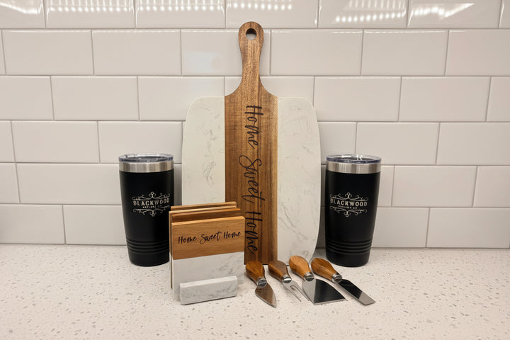 Kitchen Collection Gift Basket Personalized Homeowner Present Custom Tumbler Set Marble Coaster Collection Acacia Wood Accessories Black Wire Basket Design Real Estate Closing Gift House Warming Celebration Package Premium Quality Materials