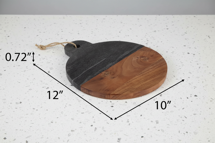 Marble and wood round cutting board dimensions 12x10 inches with 0.72 inch thickness, ideal for serving or gifting.
