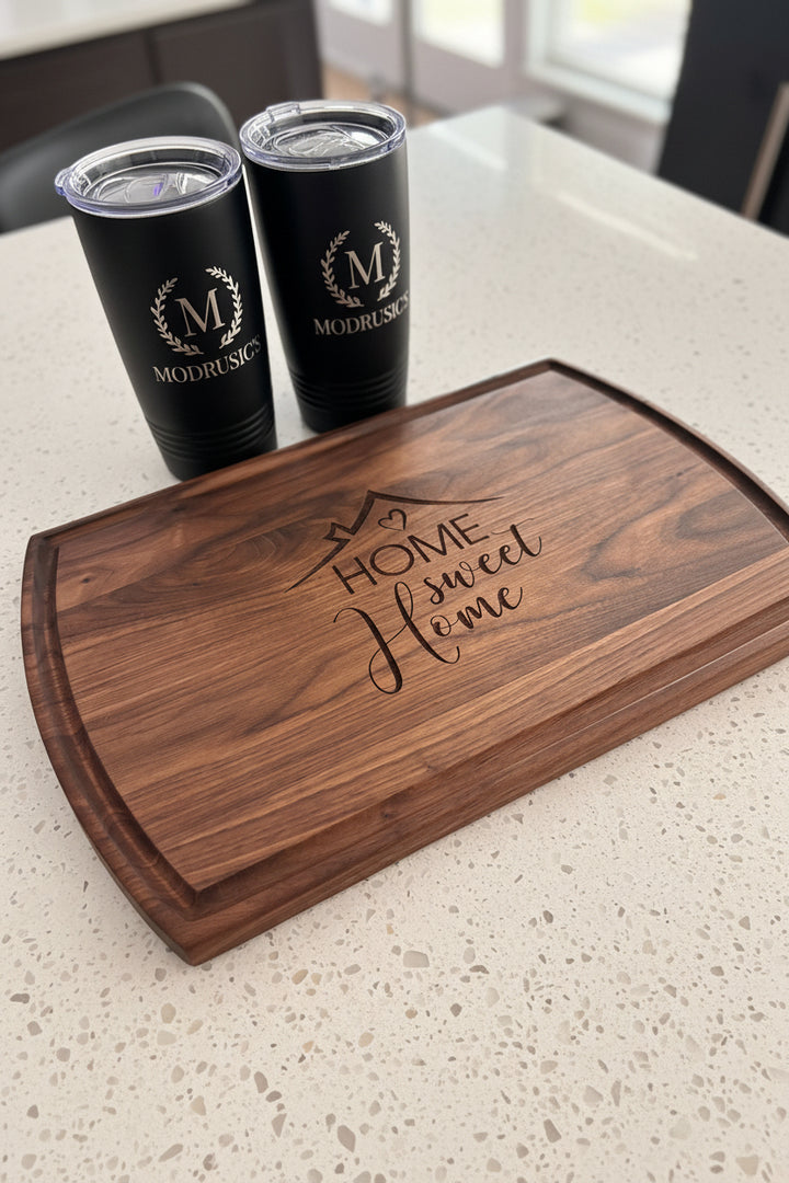 Realtor closing gift basket with personalized drinkware, wooden utensils and welcome home decor