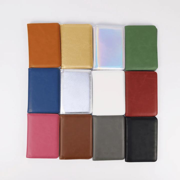 Passport wallet color options in leatherette material showing multiple colors for personalized engraved travel wallets and custom gifts