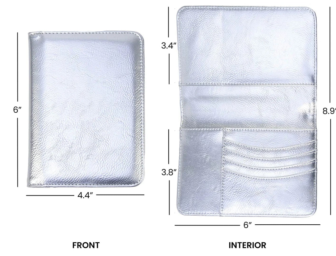 Passport wallet dimensions with front and interior layout showing card slots and storage compartments for personalized travel wallet