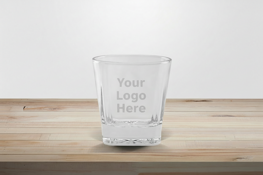 Personalized 8oz rocks glass with custom engraved logo on clear whiskey glass