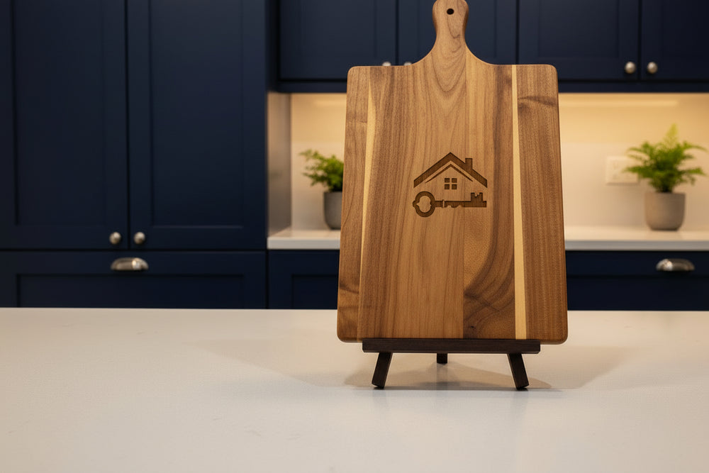 Personalized acacia paddle cutting board with engraved home and key design, custom kitchen gift for realtor closing or housewarming