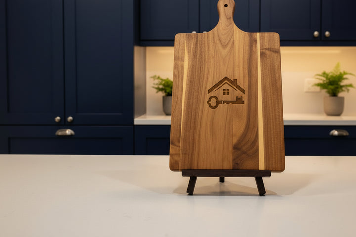 Personalized acacia paddle cutting board with engraved home and key design, custom kitchen gift for realtor closing or housewarming
