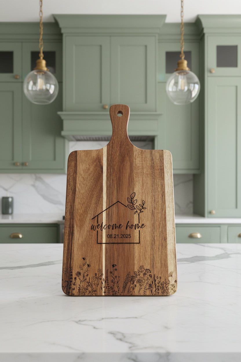 Personalized acacia paddle cutting board engraved with welcome home design and date, custom housewarming or closing gift