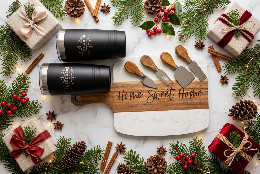 PERSONALIZED GIFT BASKET | SIGNATURE PLUS MARBLE &amp; ACACIA BOARD SET