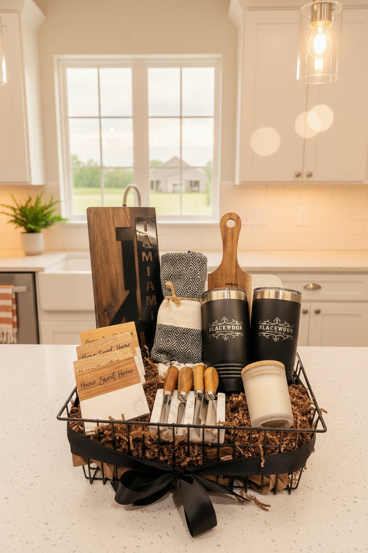 Personalized charcuterie gift basket with marble and acacia serving board, cheese knives, engraved tumblers and custom wood address sign displayed on kitchen counter for housewarming or new homeowner gift.