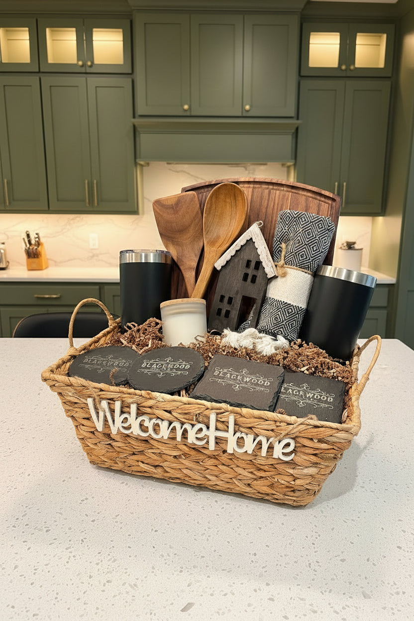 Premium Housewarming Gift Basket Heritage Collection Welcome Home Package Complete Kitchen Essentials Set Wooden Welcome Sign Insulated Tumblers Slate Coasters Cooking Utensils Kitchen Towels Decorative House Candle Perfect New Home Present