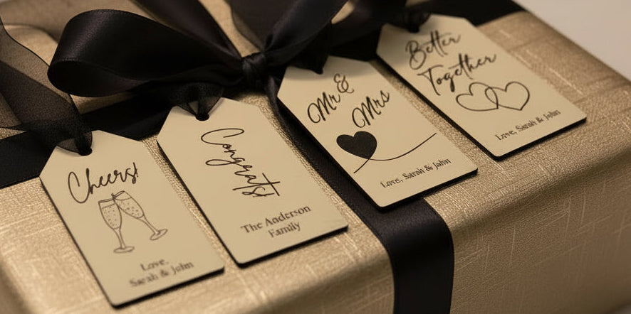 Personalized closing gift set with marble and acacia charcuterie board, engraved coasters, and custom wine tumblers displayed on a kitchen countertop.