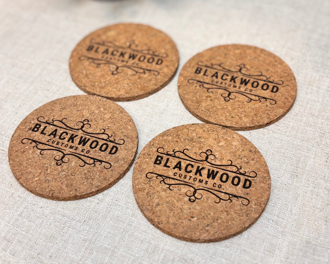 Set of custom cork coasters with business branding, corporate promotional gift
