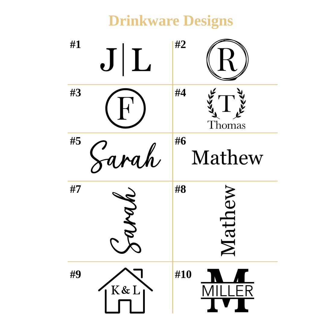 Personalized drinkware design options with initials and names for wedding and closing gift sets