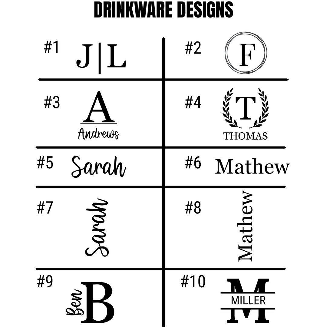 Personalized drinkware engraving design options with monogram initials and name styles for custom tumblers and gift sets