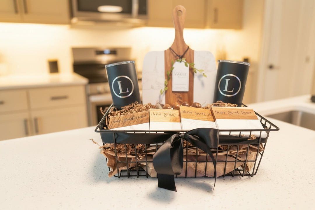 Personalized gift basket with custom tumblers monogram charcuterie board and engraved coasters displayed on kitchen counter for wedding and closing gifts