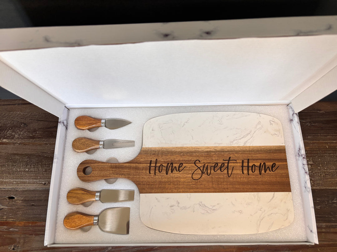 Personalized marble and acacia charcuterie board gift set in box with knives, custom engraved for realtor closing and wedding gifts