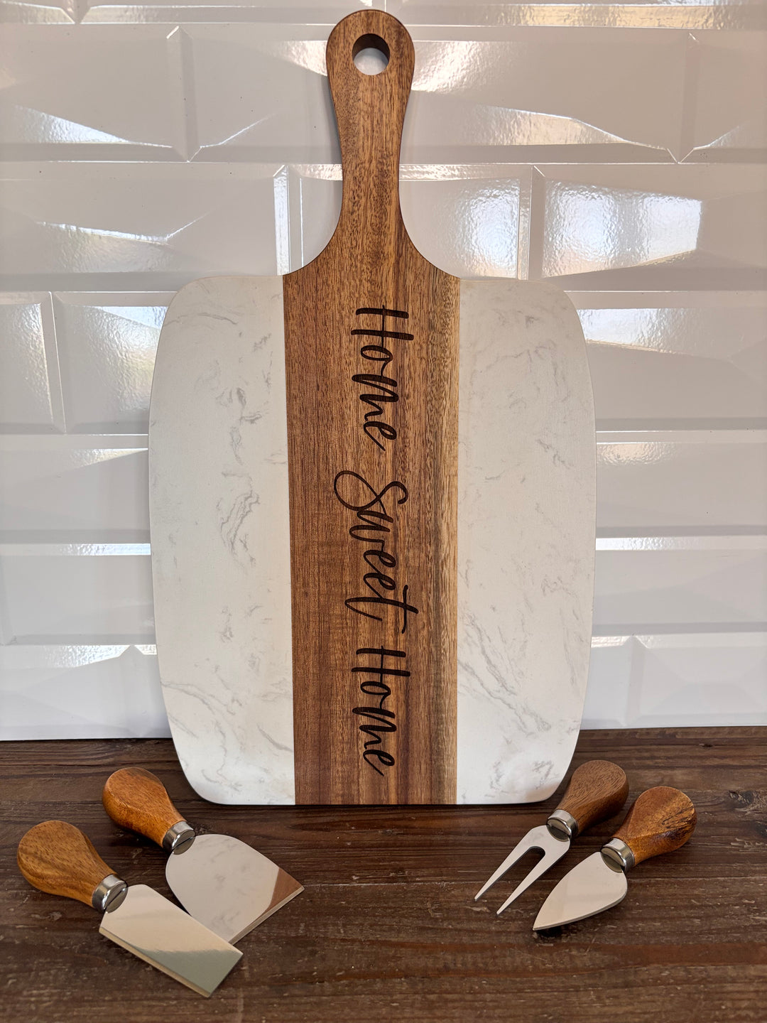 Personalized marble and acacia charcuterie board with knives engraved for realtor closing and wedding gift