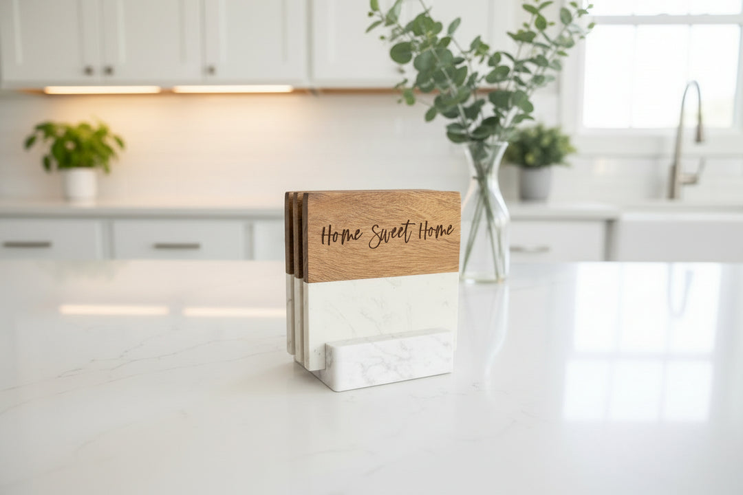 Personalized marble and acacia wood coasters engraved with custom logo or text