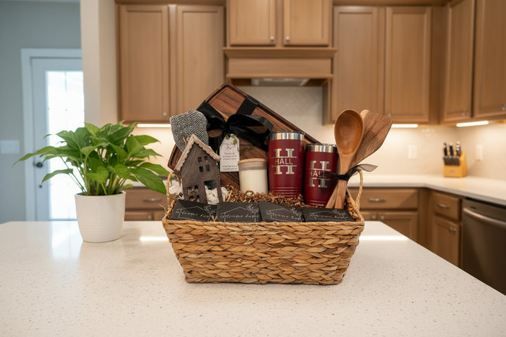 Realtor closing gift basket with personalized drinkware, wooden utensils and welcome home decor