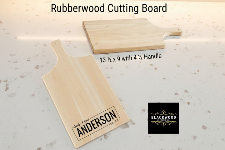 Personalized rubberwood paddle cutting board mockup with engraved Blackwood Customs Co logo on textured background.