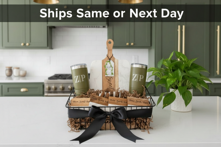 PERSONALIZED GIFT BASKET | SIGNATURE PLUS MARBLE & ACACIA BOARD SET