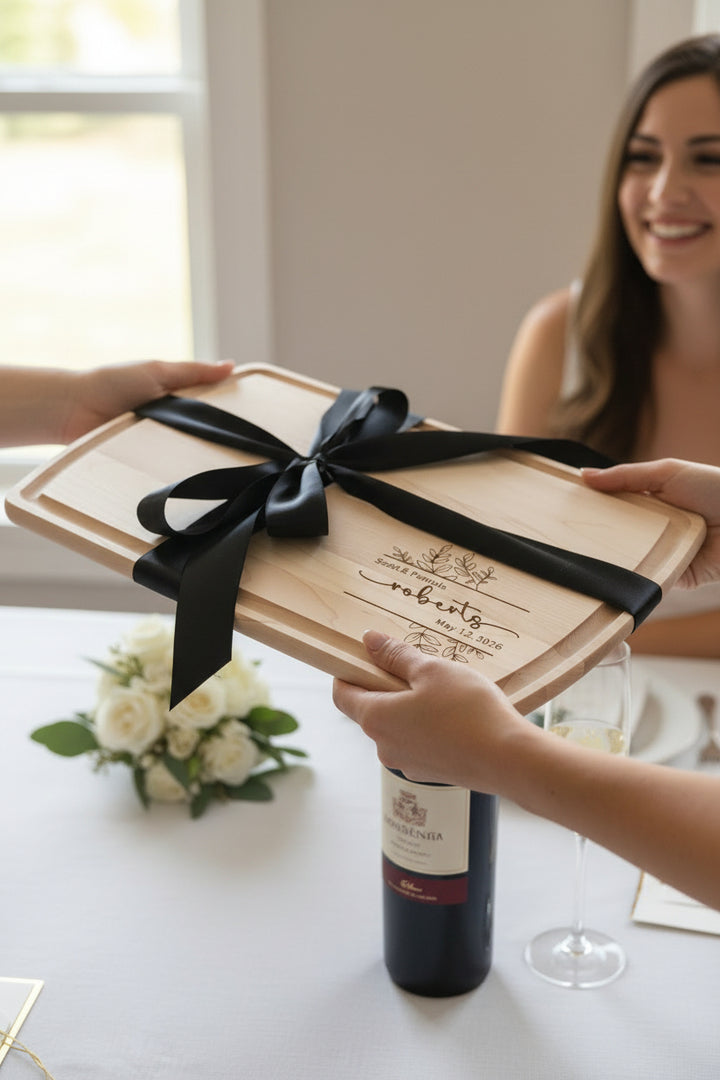 Hands presenting a personalized arched maple cutting board with a black ribbon as a wedding gift to a smiling woman.