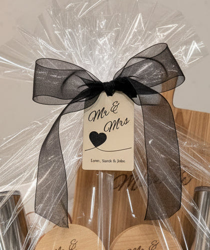 Personalized wedding gift tags with custom engraved designs and black ribbon perfect for bridal party gifts favors and gift baskets