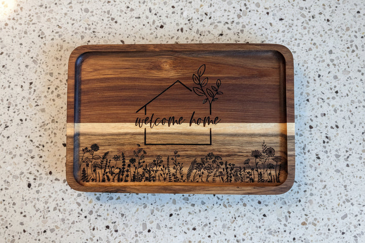 Personalized wood key tray engraved with Welcome Home design entryway catchall tray for keys and wallet