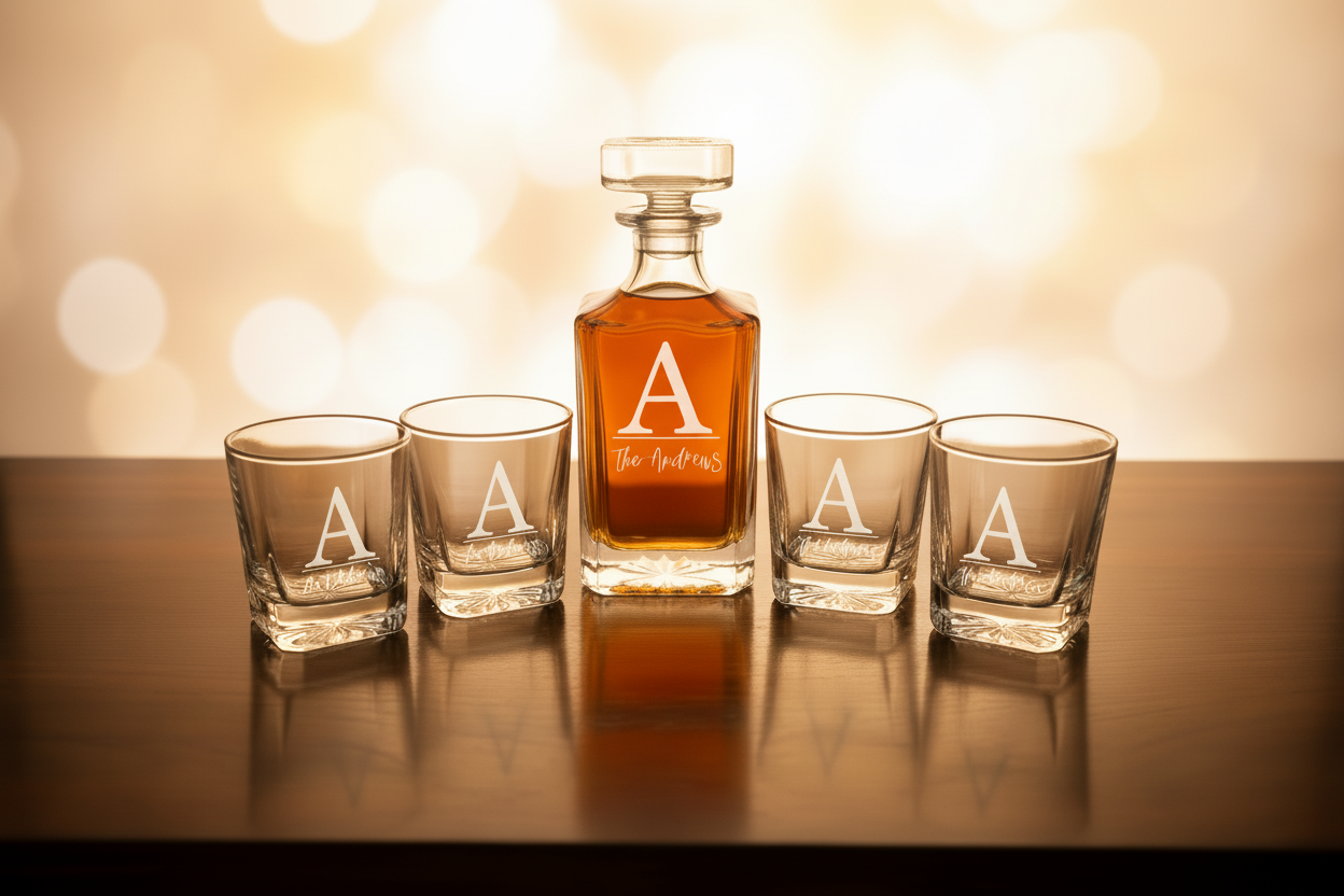 Personalized Whiskey Decanter Set Crystal Glass Collection Custom Engraved Design Wooden Gift Box Presentation Luxury Groomsmen Gift Idea Perfect Wedding Present Special Occasion Gift Unique Gift For Him Bourbon Lover Present Bar Accessory