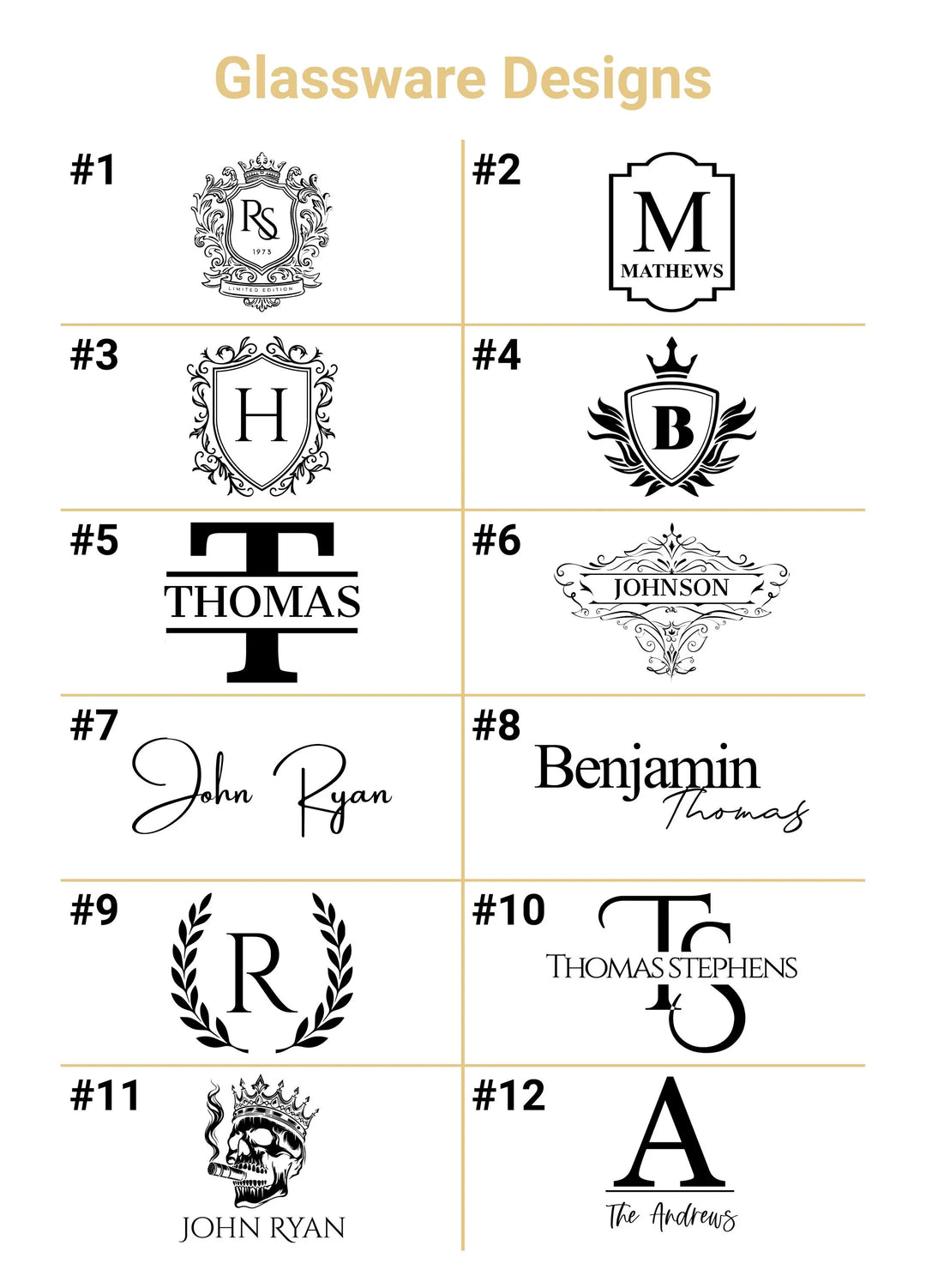 Luxury glass whiskey decanter and rocks glasses with cohesive custom laser-engraved designs, featuring elegant monograms and family names.