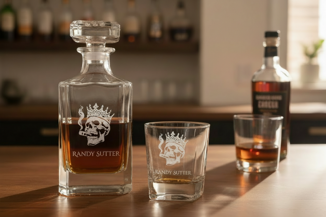 personalized whiskey decanter set with engraved skull design and matching rocks glasses on wooden bar top gift for him or groomsmen