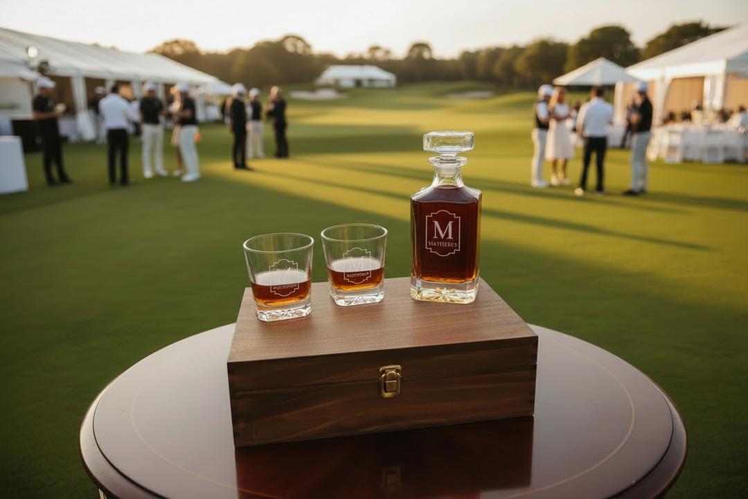 personalized whiskey decanter set with two engraved glasses on wooden box at golf course event gift for tournament winners corporate outing or closing gift