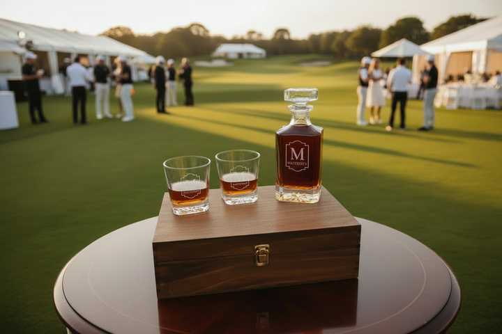 personalized whiskey decanter set with two engraved glasses on wooden box at golf course event gift for tournament winners corporate outing or closing gift