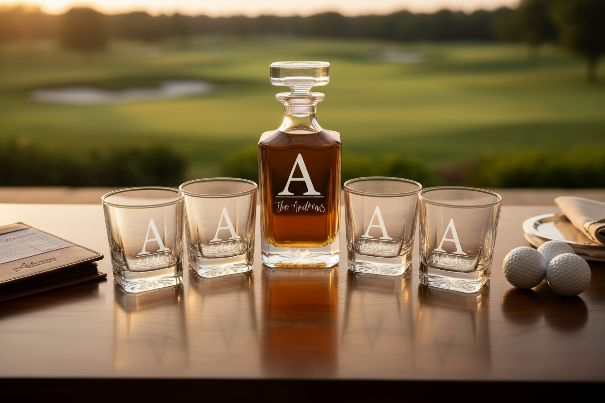 personalized whiskey decanter set with four engraved glasses on table with golf balls and golf course background gift for him or golf event