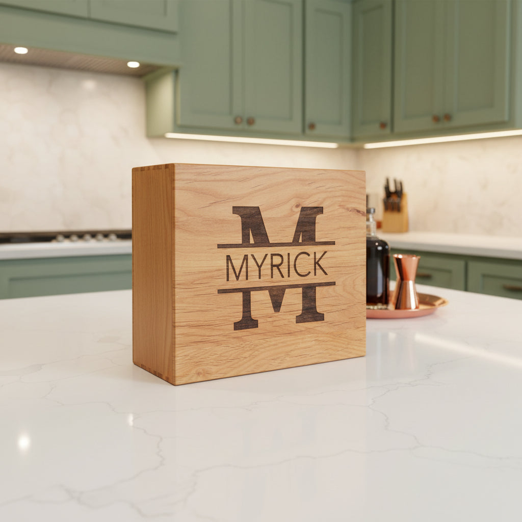 Personalized engraved wooden whiskey gift box with monogram initial and name on lid displayed on kitchen counter for groomsmen wedding and corporate gifts