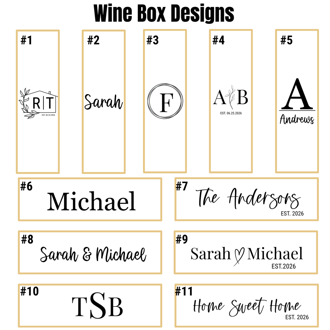 Personalized bamboo wine box engraving design options with custom names monograms and wedding date styles for engraved wine gift boxes