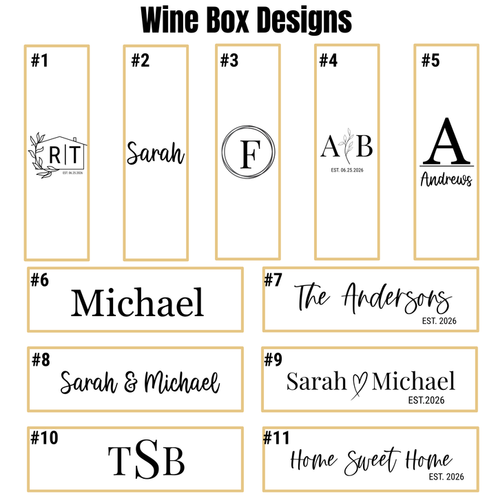 Personalized bamboo wine box engraving design options with custom names monograms and wedding date styles for engraved wine gift boxes