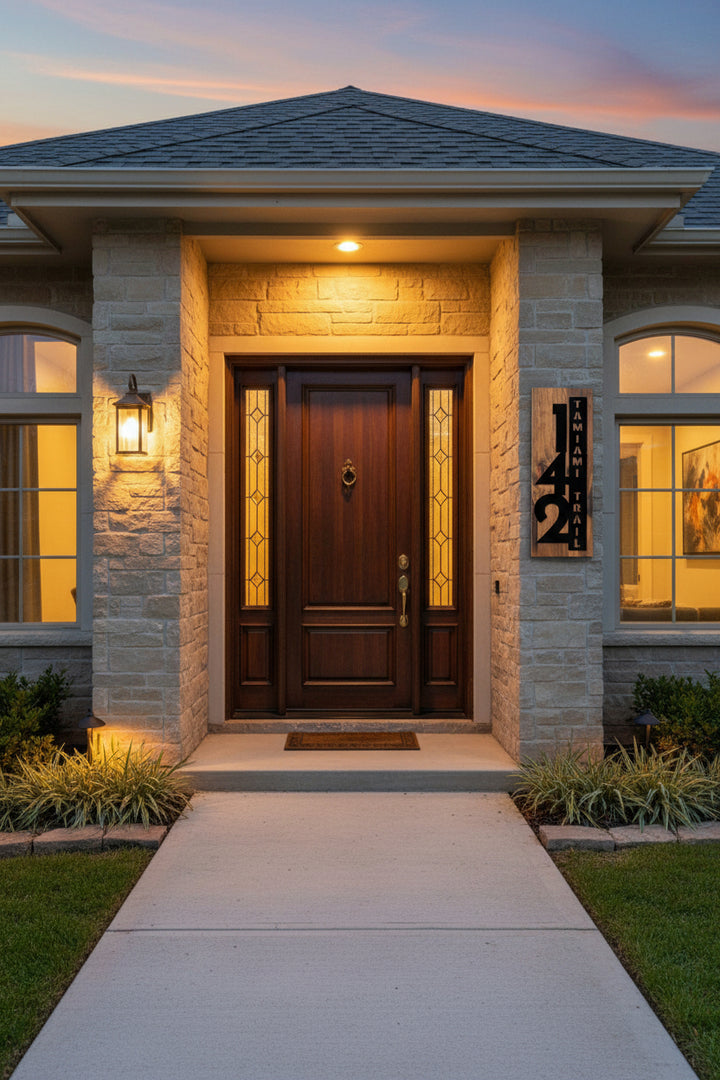 Personalized wood address sign with house numbers mounted beside front door on stone house exterior