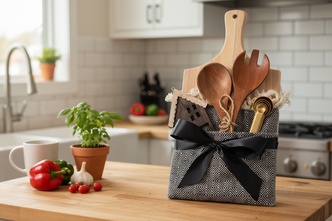 Personalized wood cutting board gift set with engraved board, wooden utensils, and kitchen accessories on countertop for closing and housewarming gifts