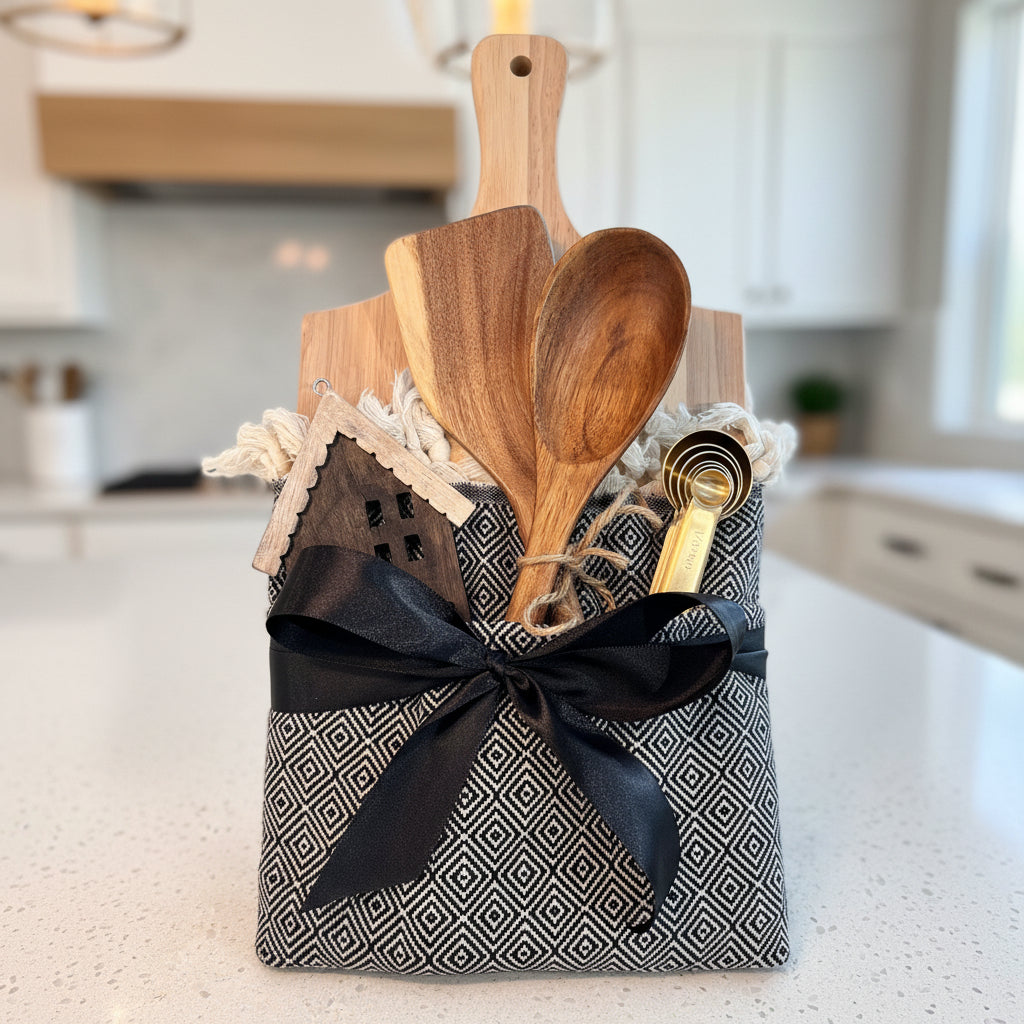 Personalized wood cutting board gift set with engraved board, wooden utensils, and gift wrap for closing and housewarming gifts